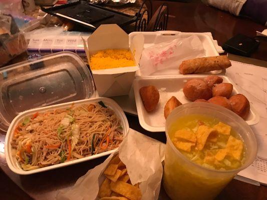 Plain fried rice, egg roll, Chinese doughnuts, egg drop soup and made to order chicken mei fun.