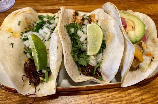 Chicken Tinga Taco, Suadero Taco, Shrimp Taco