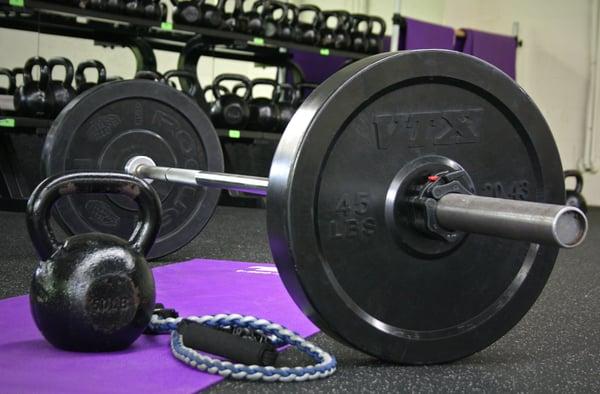 Bumper Plates, Kettlebells, and other tools for cross-training in "The Foundry" at Velocity