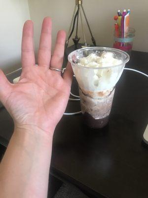 Sundae...$5.99 and my hand for comparison. Wayyyyyy overpriced