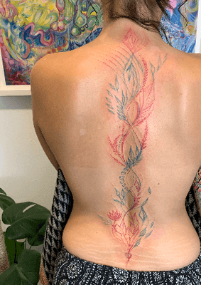 Full color backpiece, delicate color tattoo, rainbow tattoo by Justine