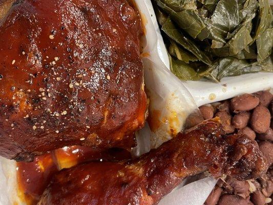 BBQ Chicken Plate, Collard Greens, Red Beans & Rice