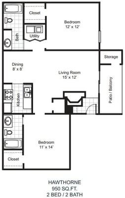 HAWTHORNE  -  2 Bed * 2 Bath  *  950 Sq.Ft.