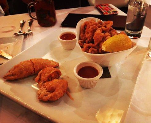 Calamari and empanadas (cheese and chicken)