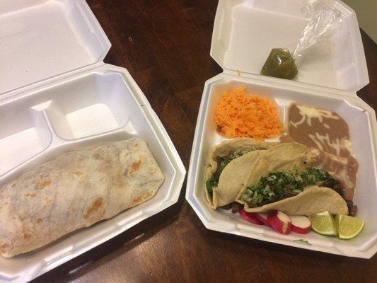 Steak tacos with beans/rice along with a chicken burrito.  Mild salsa and lime wedges.