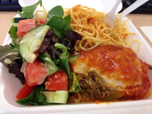 Stuffed Pepper (a delicious garlicky ground beef and rice mixture), Spaghetti with grated Parmesan and salad $7.50