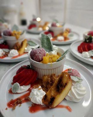 Vanilla creme brulee with grilled peaches