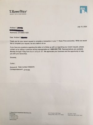 Letter from T. Rowe Price Brokerage