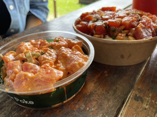 Left to Right: Spicy Mayo Ahi Side + Shoyu Sesame Ahi Poke over Brown Rice