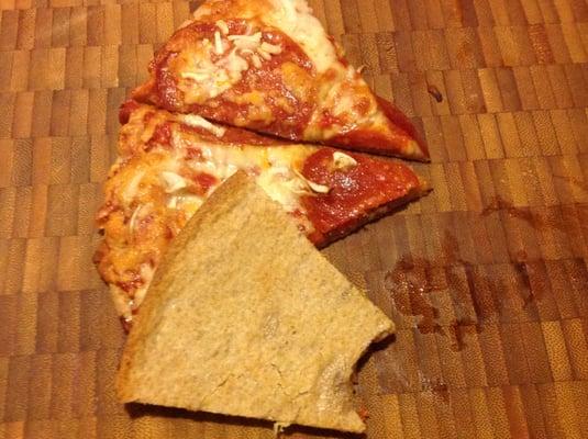 Crust looks about the same color as the cardboard it is packaged with but tastes better than cardboard