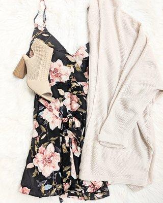 Promises Floral Rompers + waffle knit cardis for a closet must have Pair with peek toe heels and florals for complete look