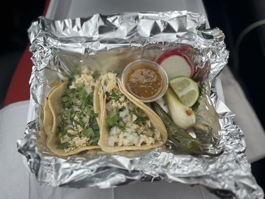 Chicken tacos & red hot sauce