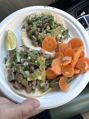 (Left) steak taco (right) (tongue) lengua taco