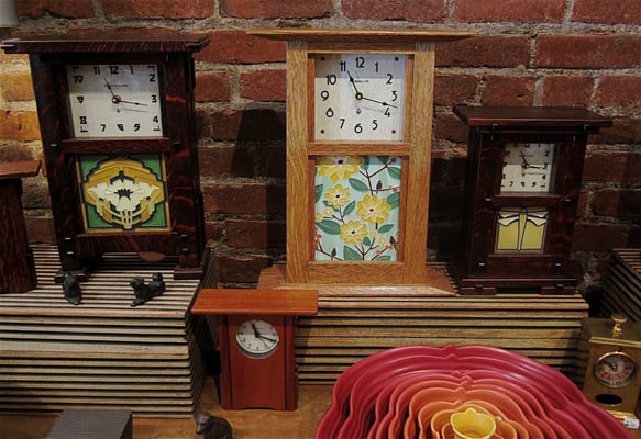 Craftsman-style oak clocks from Schlabaugh & Sons