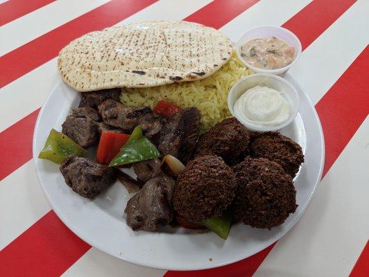 Combo platter with falafel, lamb kebab, and beef kebab