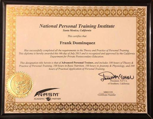 I am NASM certified out of Santa Monica, CA.