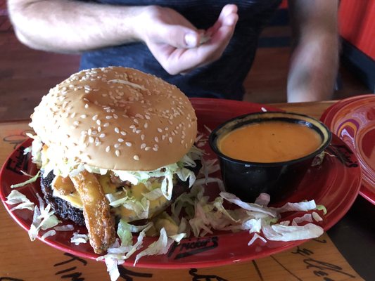 Beer cheese burger and side order of beer cheese for fries