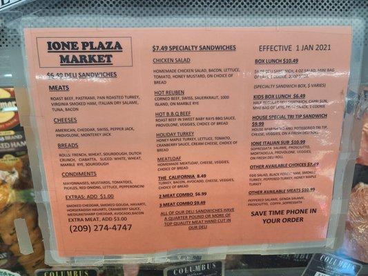 Ione Plaza Market Deli Menu