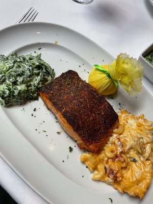 Blackened Salmon, creamed spinach and Lobster Mac /cheese.