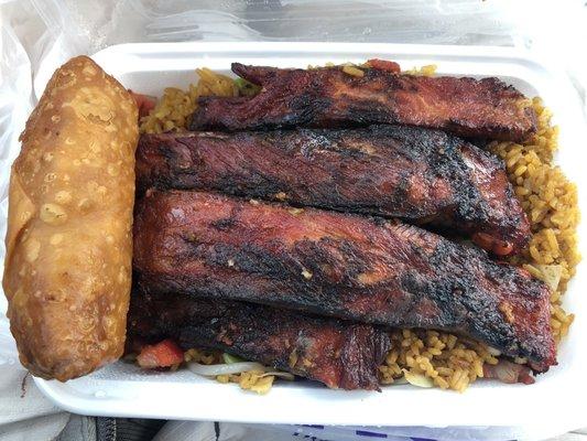 BBQ ribs, pork fried rice w/egg roll