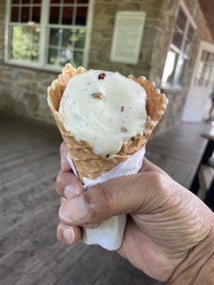 A small Butter Pecan waffle cone very delicious one of many during my stay in Lancaster PA.