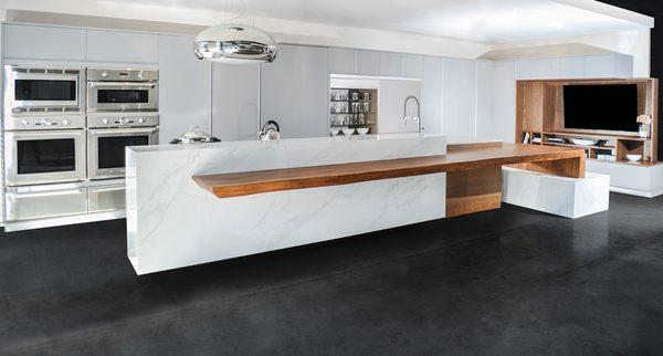 Kitchen in Glass with aluminum tambour doors