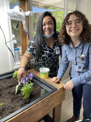 Staff enjoying Eldergrow area! What's better than gardening inside?!