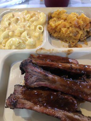 Macaroni and cheese. Sweet potato casserole, Barbecue Ribs...2nd helping mmmmm