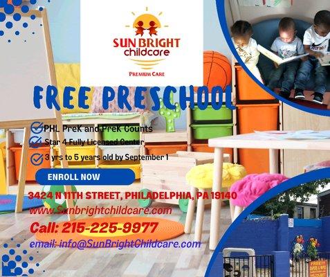 Free Preschool at Sun Bright. Enroll Today. Call 215-225-9977