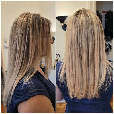 A whole lot of babylights and foilayage on natural dark blonde and 30% gray hair.