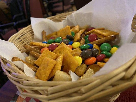 Basket of goodies at every table.