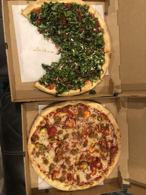 Bensi salad pizza + vegan sausage cherry pepper pizza