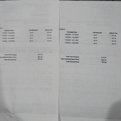 $120 in "admin fees" for driving on toll roads.