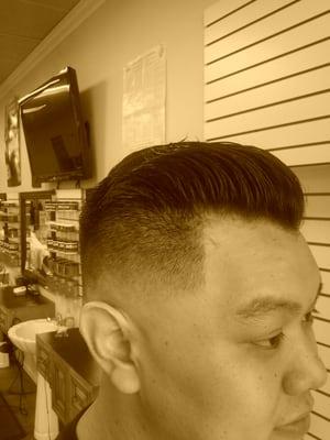 Mid-shave fade  Gentleman cut w/ parting  Corners lined up with straight edge razor By: GEORGE