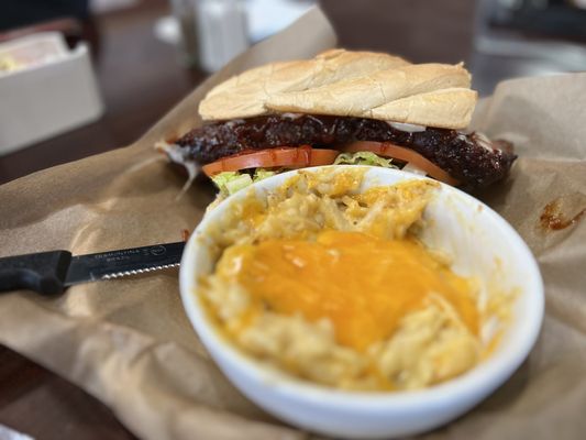 Smoked meatloaf sandwich, funeral potatoes.