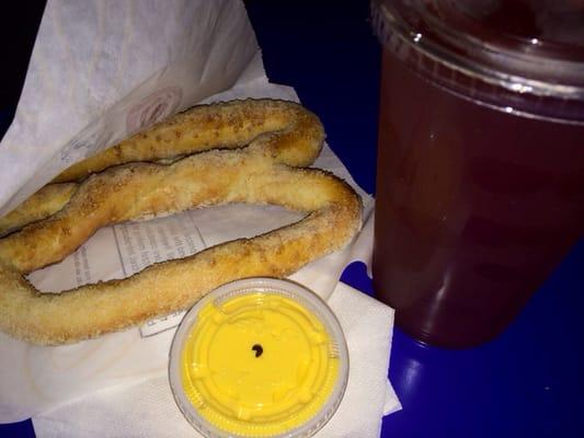 #3 Combo: Parmesan salted pretzel, cheese sauce & wild berry lemonade for a drink.