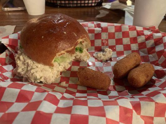 Chicken salad sandwich with hush puppies