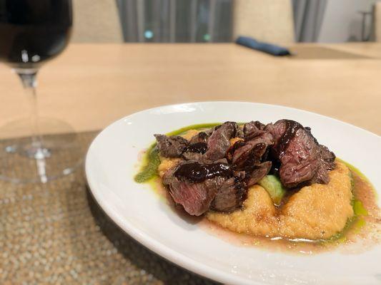 Our Chimichurri Skirt Steak-prepared to your liking- coupled with sweet potato maduro puree.