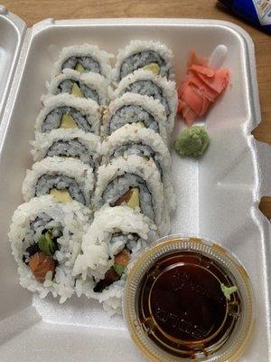 Two salmon and avocado rolls