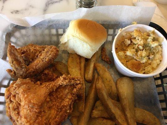 Two piece chicken, wedged fries and corn casserole