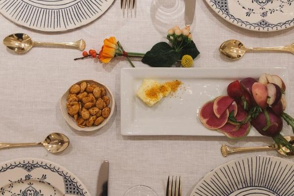 Five Spiced Marcona Almonds and Watermelon Radishes. Table setting by Caitlin Mociun