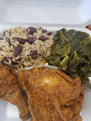 Rice and peas, collard greens and fried chicken