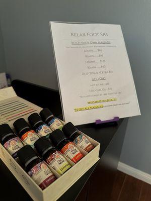 Menu, good quality massage essential oils.