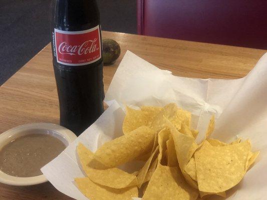 Chips with bean dip and real Mexican coke