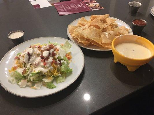 Bacon salad queso and chips