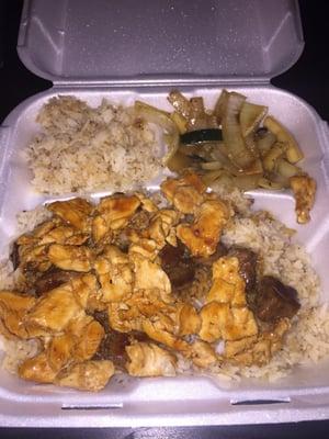 "Choose two" combination steak and chicken hibachi with mixed veggies and rice.