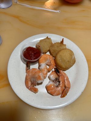 cocktail shrimp, fried shrimp, sugar bread