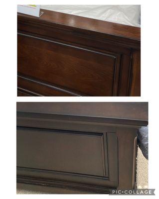 Photo of showroom model (above) vs picture of bed frame received (below).