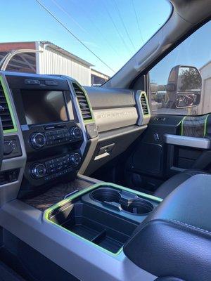 Custom Painted F250 Interior Lime Green Accents