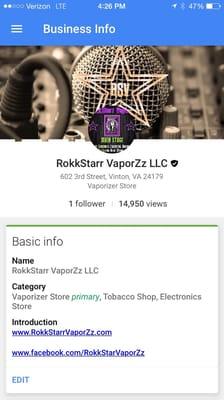 RokkStarr VaporZz "Main Stage" RSV Store Addy & Hours:  RokkStarr VaporZz  602 3rd St Vinton, VA 24179